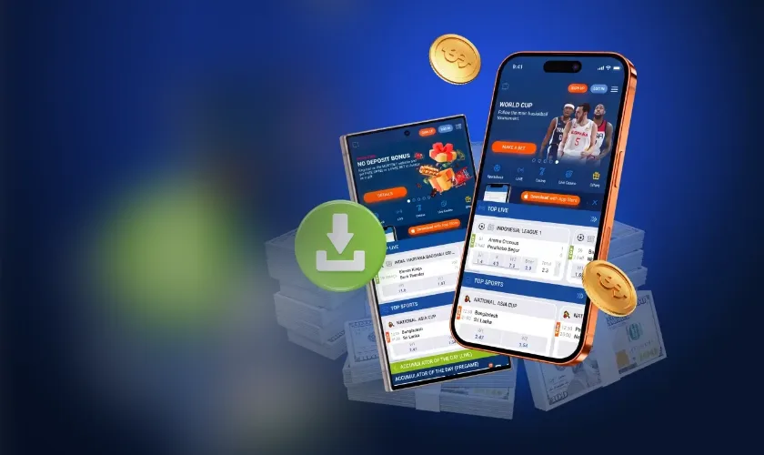 Mostbet ilovasi ikki telefon ekranida va yuklab olish belgisi