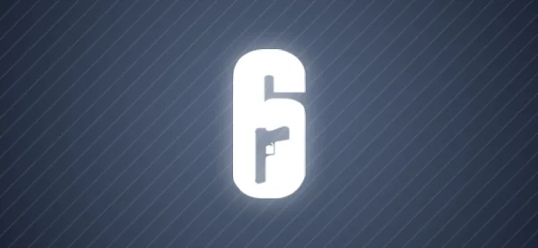 Rainbow Six: kulrang-ko'k fonda oq 6 raqami belgisi