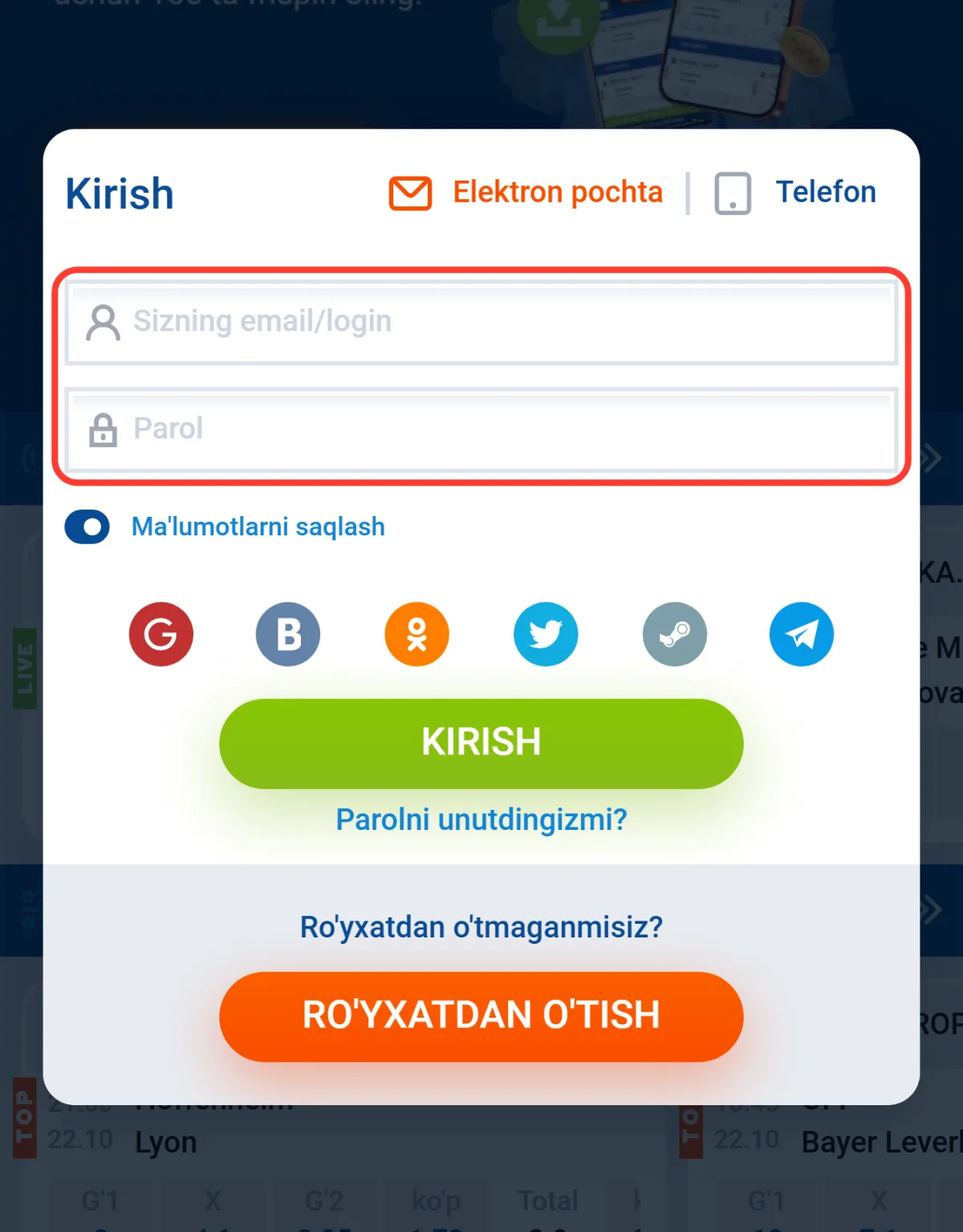 Email yoki login hamda parol kiritiladigan maydonlar