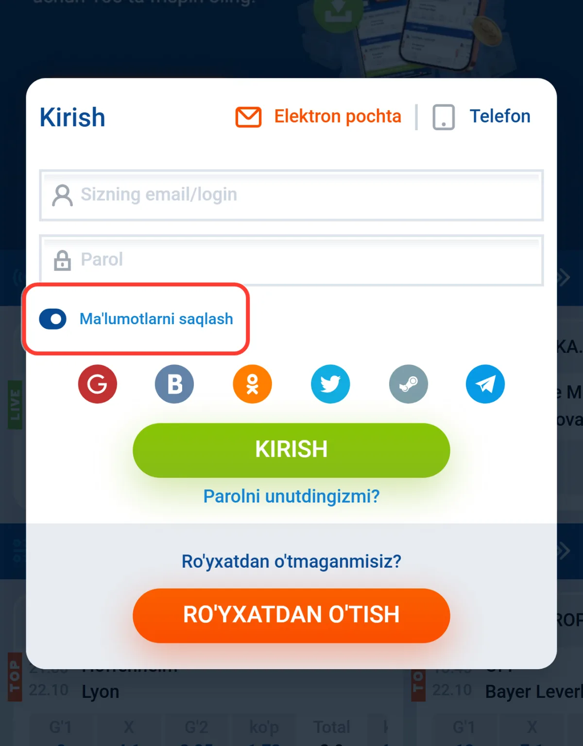 Kirish oynasida yoqilgan Ma'lumotlarni saqlash tugmachasi