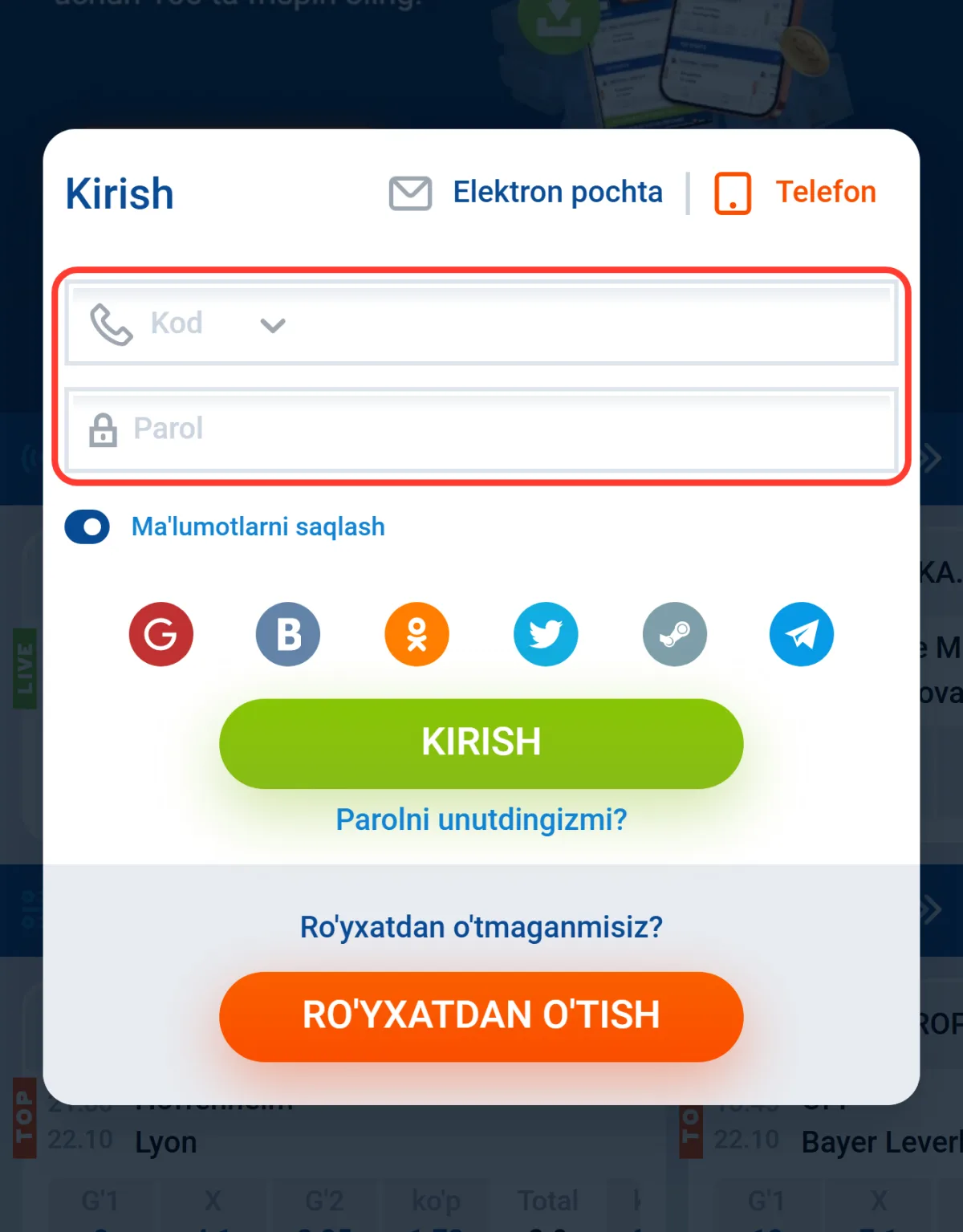 Telefon yorlig'ida kod, raqam va parol maydonlari