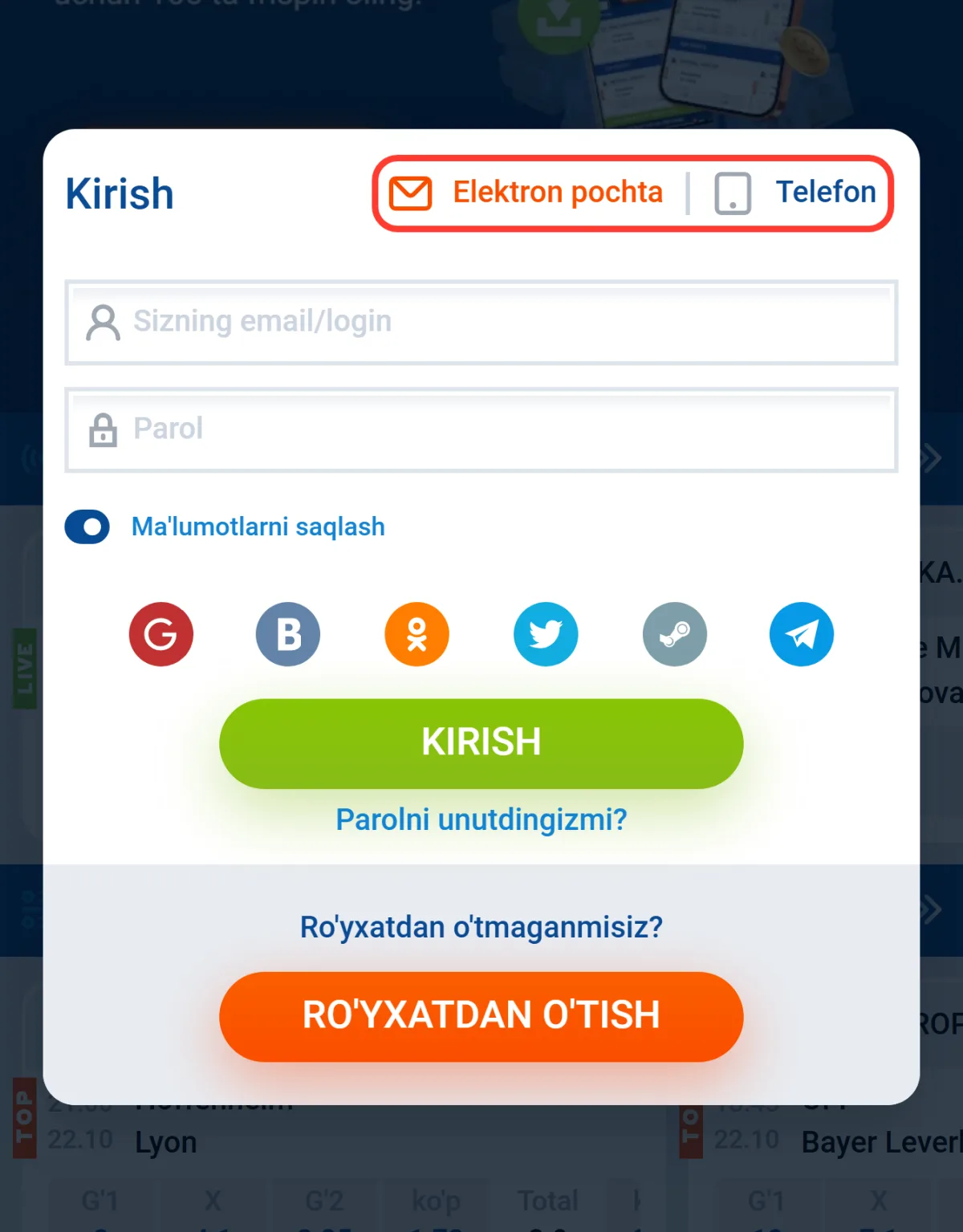 Kirish oynasidagi Elektron pochta va Telefon yorliqlari