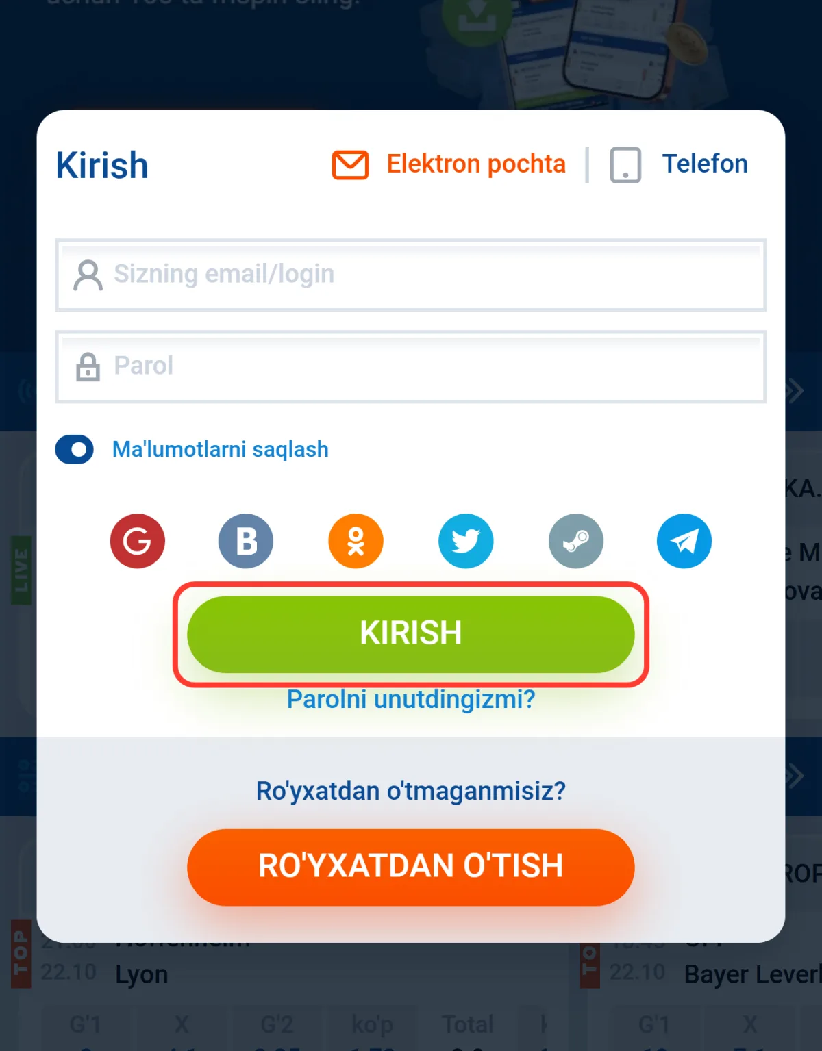 Mostbet login: kirishni tasdiqlovchi yashil KIRISH tugmasi