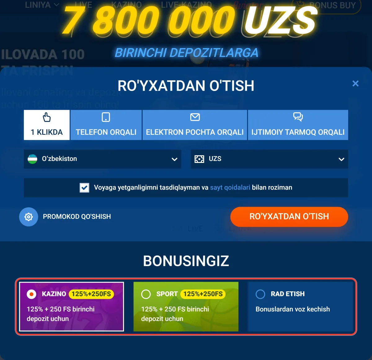 BONUSINGIZ blokida Kazino, Sport va Rad etish variantlari