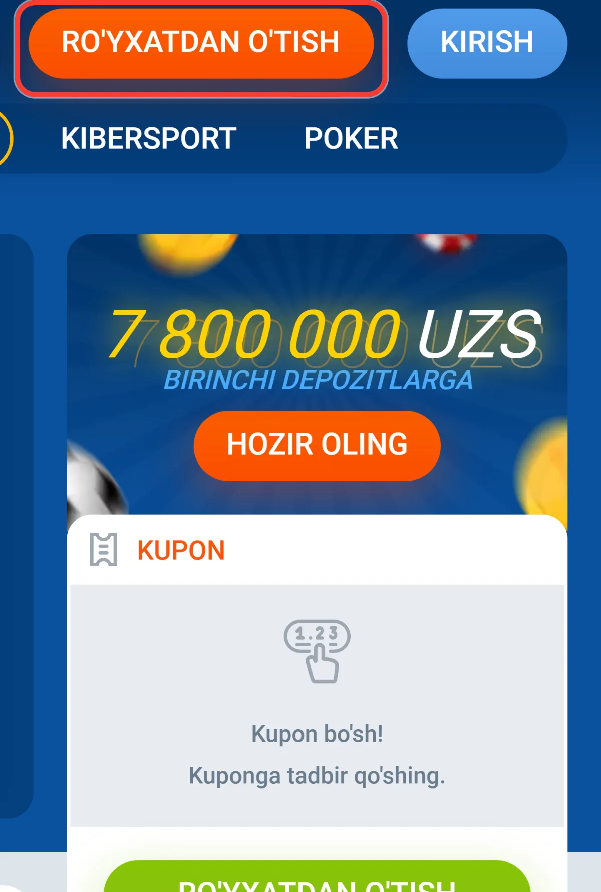 Mostbet registratsiya: shapkadagi to'q sariq RO'YXATDAN O'TISH tugmasi