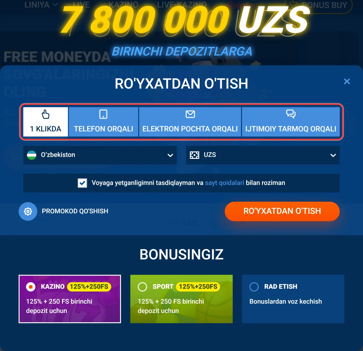 Ro'yxatdan o'tish formasidagi to'rt usul yorlig'i