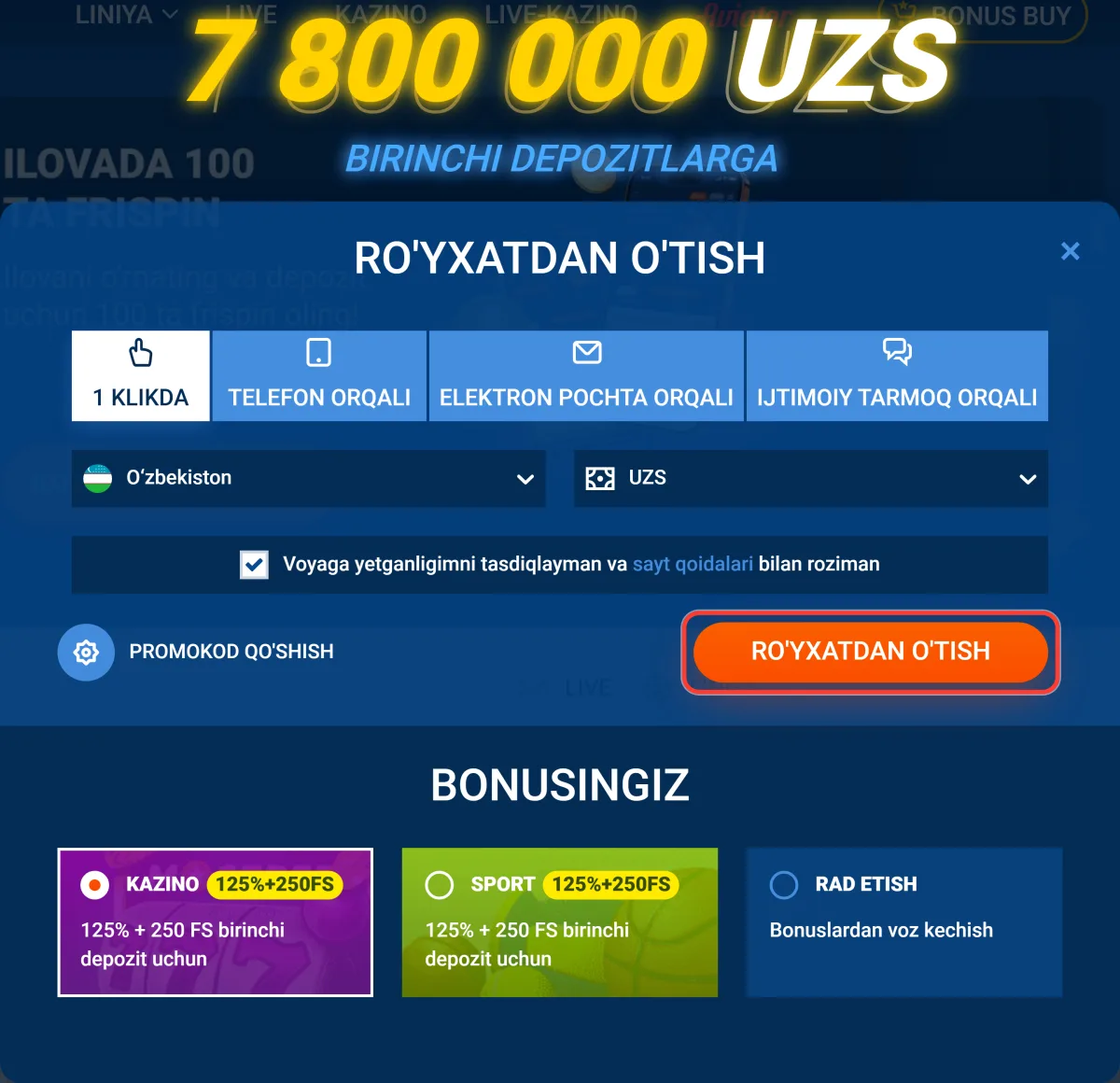 Formani yuboruvchi pastki RO'YXATDAN O'TISH tugmasi